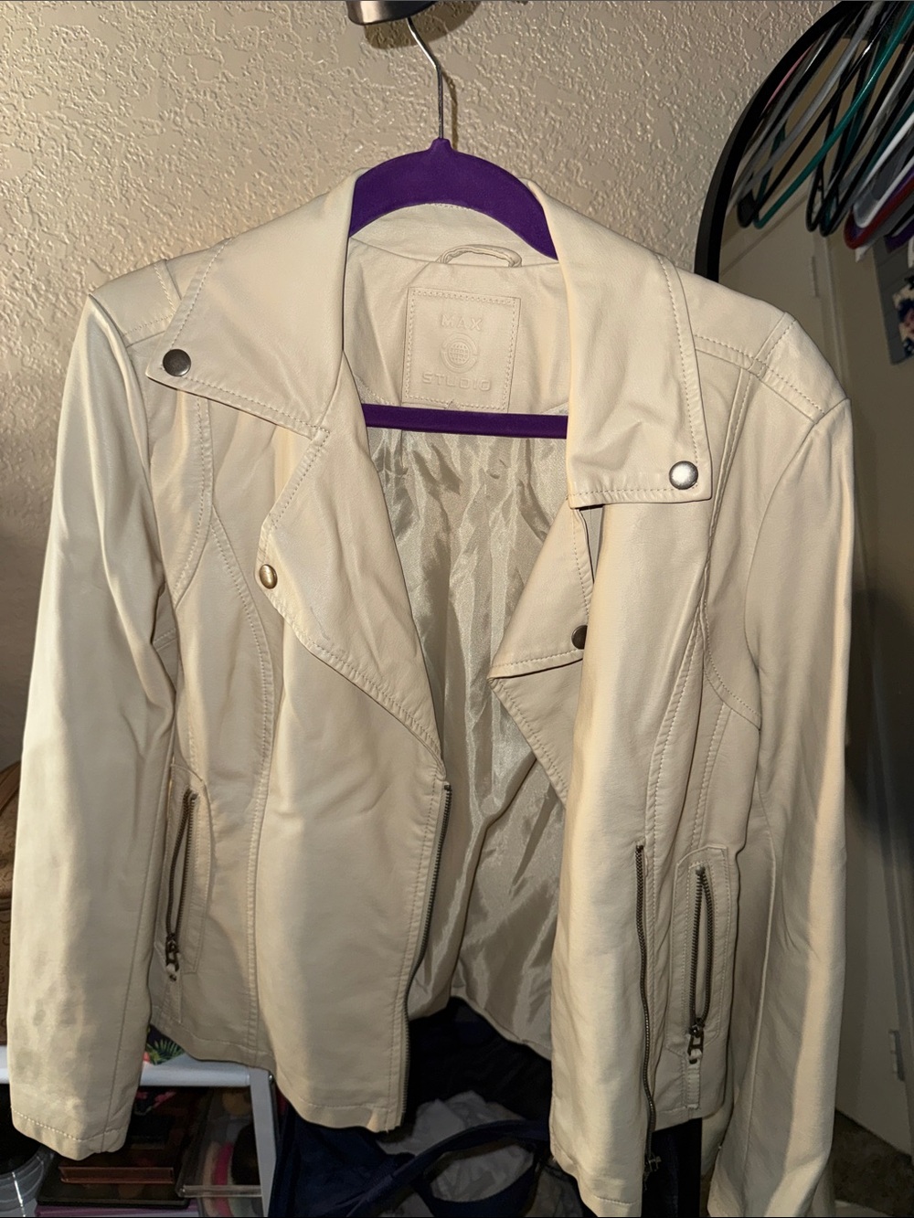 Max Studio Cream Faux Leather Moto Jacket with Zip Pockets
